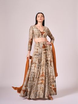 KOSWI - Browns Abstract Print Lehenga with Blouse and Dupatta (Set of 3)