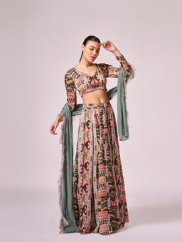 KOSWI - Multi Coloured Geometric Print Lehenga with Blouse and Dupatta (Set of 3)