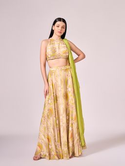KOSWI - Yellow Geometric Print Lehenga with Blouse and Dupatta (Set of 3)