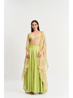 KOSWI - Lime Green Geometric Print Lehenga with Blouse and Cape (Set of 3)