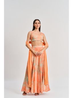 KOSWI - Peach Apricot Floral Print Lehenga with Blouse and Dupatta (Set of 3)