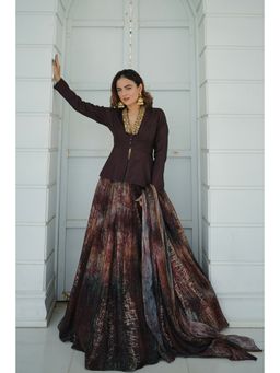 KOSWI - Brown Print Embroidered Lehenga with Top and Dupatta (Set of 3)