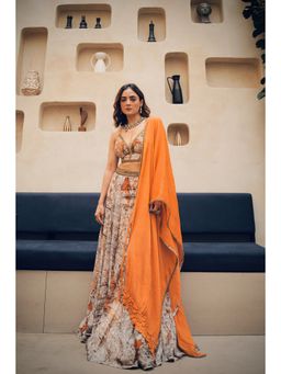 KOSWI - Orange Print Embroidered Lehenga with Blouse and Dupatta (Set of 3)