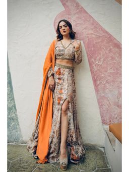KOSWI - Orange Print Embroidered Lehenga with Blouse and Dupatta (Set of 3)