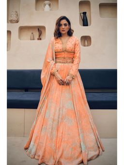 KOSWI - Peach Print Embroidered Lehenga with Blouse and Dupatta (Set of 3)