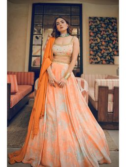 KOSWI - Peach Print Embroidered Lehenga with Blouse and Dupatta (Set of 3)