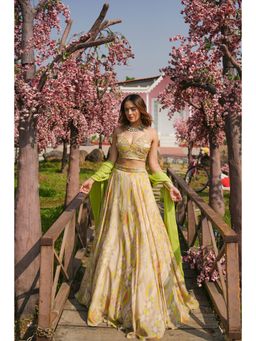 KOSWI - Lime Green Embroidered Print Lehenga with Blouse and Dupatta (Set of 3)