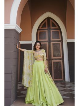 KOSWI - Lime Green Embroidered Print Lehenga with Blouse and Cape (Set of 3)