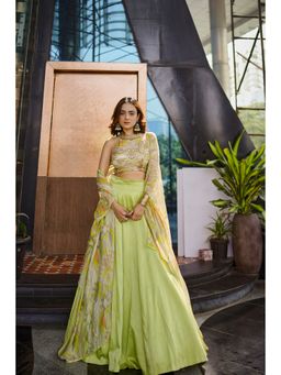 KOSWI - Lime Green Embroidered Print Lehenga with Blouse and Cape (Set of 3)