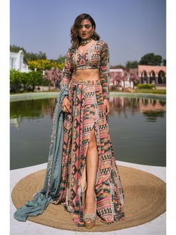 KOSWI - Multi Coloured Print Embroidered Lehenga with Blouse and Dupatta (Set of 3)