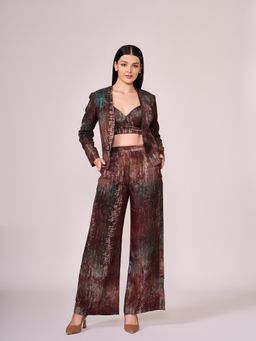 KOSWI - Maroon Abstract Print Pant with Blouse and Jacket (Set of 3)