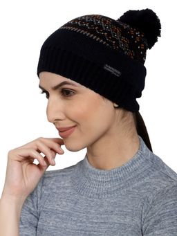 513 - Women Navy Blue Self Design Beanie