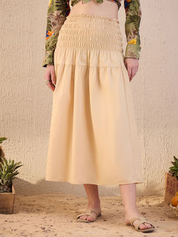 Uptownie - Beige Solid Midi Skirt