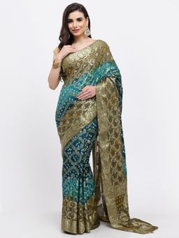 KISHORI - Women Bandhani With Zari Weaving Silk Saree & Blouse Multicolor with Unstitched