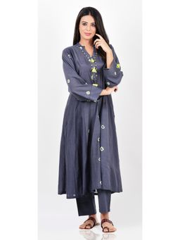 TANYA BERRY - Grey And Lime Green Dual Bandhani Tie Dye Kalidar Kurta