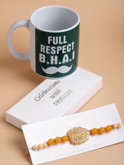 PANASH - Men Gold-Plated Yellow Pearls Bro Rakhi With Mug