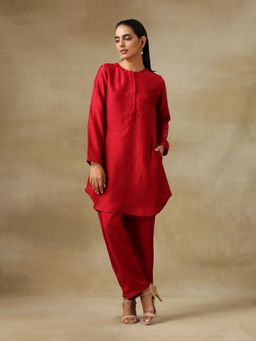 trueBrowns - Maroon Textured Silk Front Placket Co-ord (Set of 2)
