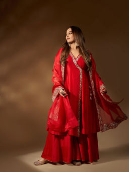 PINK CITY BY SARIKA - Women's Kairi Angrakha Kurta with Sharara and Dupatta Potli (Set of 4)