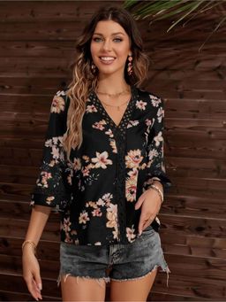 Outzidr - Black Short Sleeve V Neck Floral Top