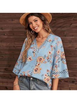 Outzidr - Light Blue Short Sleeve V Neck Floral Top