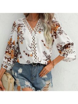 Outzidr - White Short Sleeve V Neck Floral Top
