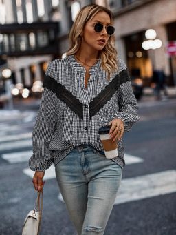 Outzidr - Black Full Sleeve Lace Trim Top