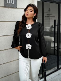 Outzidr - Black Full Sleeve Flower Embellished Top