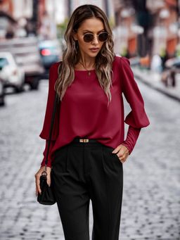 Outzidr - Wine Bishop Sleeve Round Neck Top