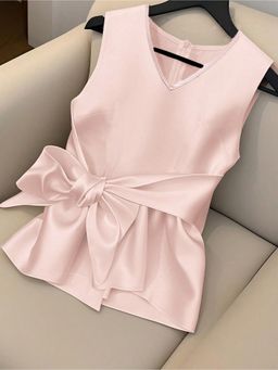 Outzidr - Pink Sleeveless Front Tie Up Top