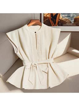 Outzidr - Off White Sleeveless Front Pleated Belted Top