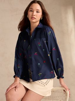 Outzidr - Navy Blue All-over Embroidered Blouse With Smocked Yoke Detail