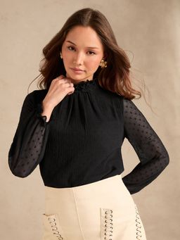 Outzidr - Black Textured Dobby With Floral Applique At Neck Top