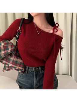 Outzidr - Cold Shoulder Red Tie Up Top