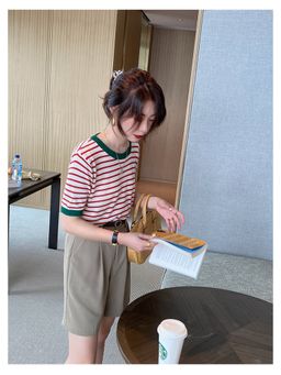 Outzidr - Red Contrast Hem Striped Top