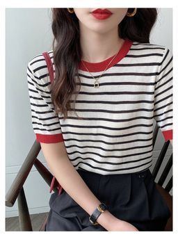 Outzidr - Black Contrast Hem Striped Top