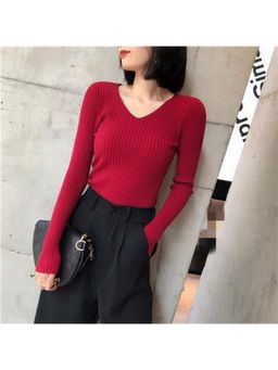 Outzidr - Red Full Sleeve V Neck Fitted Top