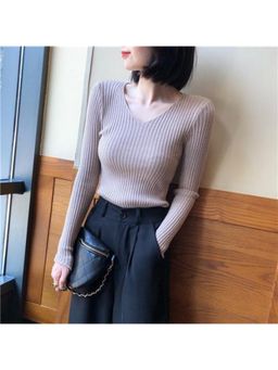 Outzidr - Taupe Full Sleeve V Neck Fitted Top