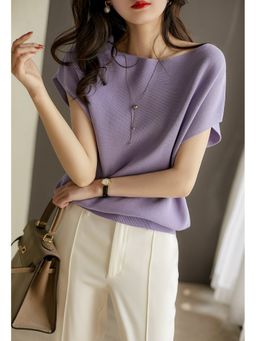 Outzidr - Lavender Cap Sleeve Round Neck Relaxed Top