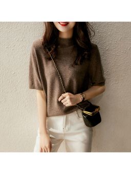 Outzidr - Brown Short Sleeve High Neck Relaxed Top