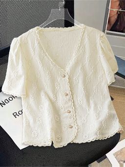 Outzidr - White Short Sleeve V Neck Textured Top