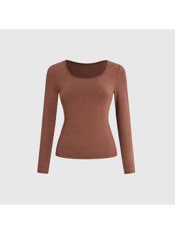 Outzidr - Brown Full Sleeve Round Neck Fitted Top
