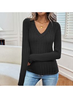 Outzidr - Black Full Sleeves V Neck Fitted Top