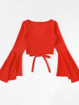 Outzidr - Red Butterfly Sleeve V Neck Wrap Top
