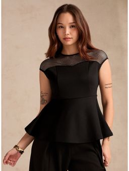 Outzidr - Black Studded Mesh Peplum Top