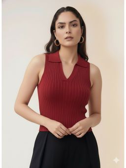 Outzidr - Maroon Polo Flat Knit Top