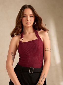 Outzidr - Maroon Halter Neck Tank With Metal Trim Detailing Top