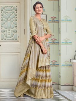 Akhilam - Women Linen Beige Printed Celebrity Saree with Unstitched Blouse