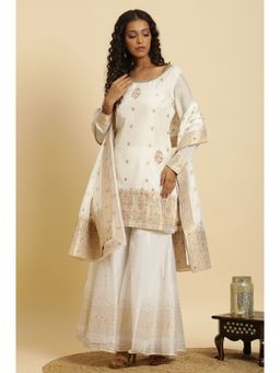 WISHFUL by W - Off White Floral Kurta, Sharara & Dupatta (Set of 3)