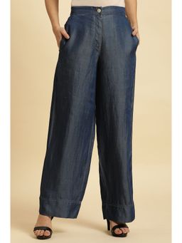 W - Blue Solid/plain Flared Pant