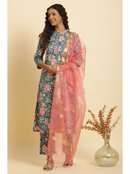 W - Blue Floral Kurta, Straight Pant & Dupatta (Set of 3)